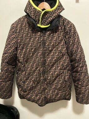 Fendi Brown and Black FF Logo Puffer Down Jacket with Neon Yellow Trim